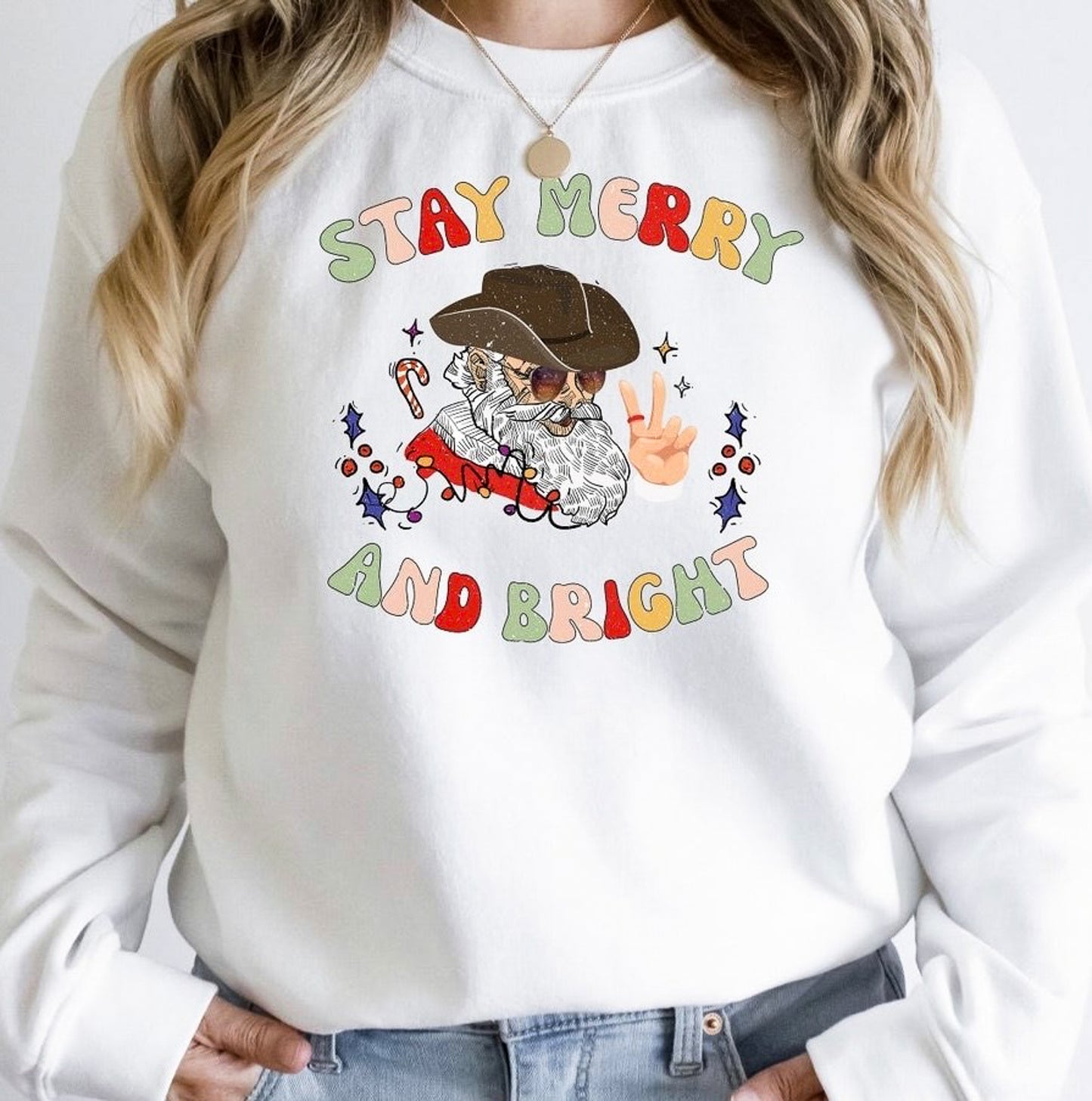 Stay Merry And Bright Cowboy Santa Crew Sweatshirt