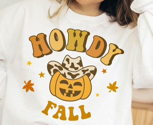 Howdy Fall Jack-O-Lantern Wearing Cowboy Hat Crew Sweatshirt