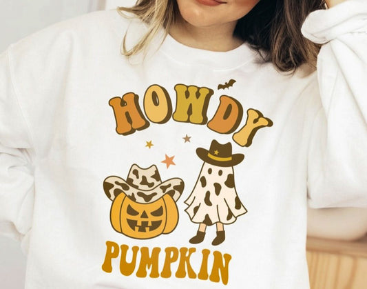 Howdy Pumpkin Jack-O-Lantern & Ghost Wearing Cowboy Hats Crew Sweatshirt