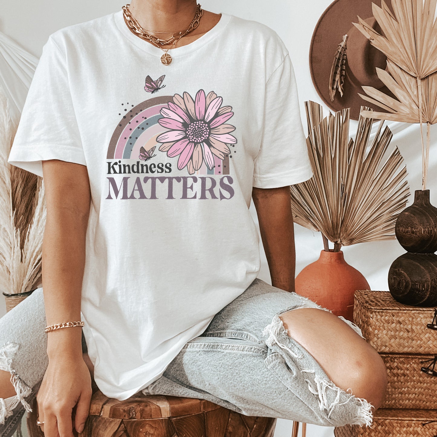 Kindness Matters Rainbow With Butterflies & Flower Tee