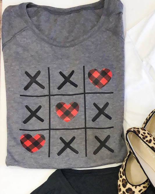 Tic Tac Toe With Buffalo Plaid Hearts Long Sleeve Tunic