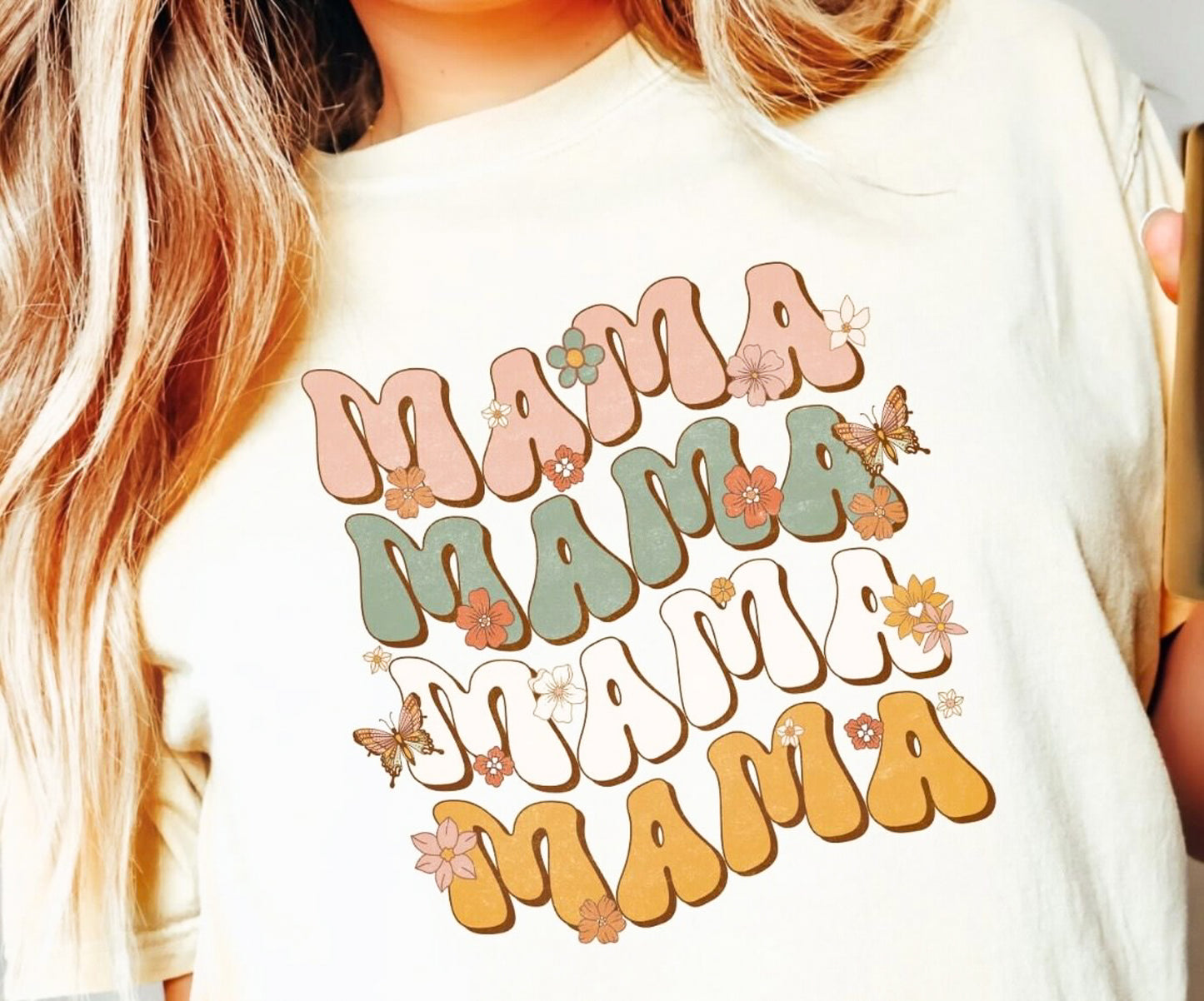 Retro Mama (Stacked) With Flowers Tee