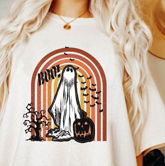 Ghost Jack-O-Lantern & Bats In Front Of Rainbow Tee