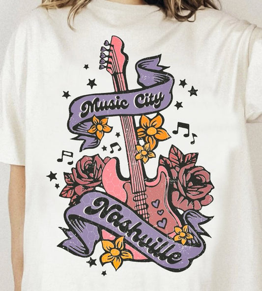 Music City Nashville Guitar With Flowers Tee