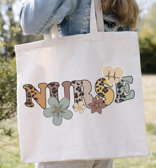 Leopard Print Nurse With Flowers Tote