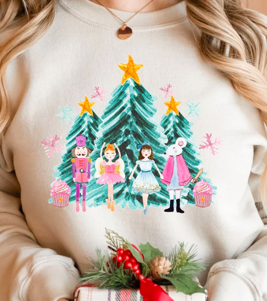 4 Watercolor Nutcracker Dolls & Trees Crew Sweatshirt