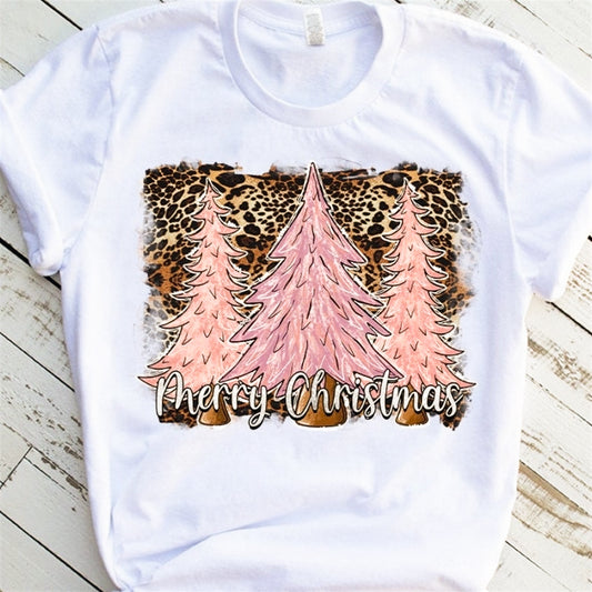 Merry Christmas With Pink Trees & Cheetah Print Tee/Bodysuit