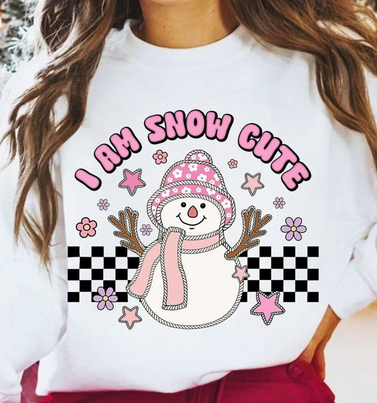 I Am Snow Cute Snowman (Pink) With Checkered Background Crew Sweatshirt