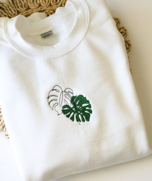 2 Monstera Leaves Embroidered Crew Sweatshirt