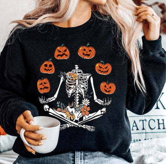 Floral Skeleton Juggling Jack-O-Lanterns Crew Sweatshirt