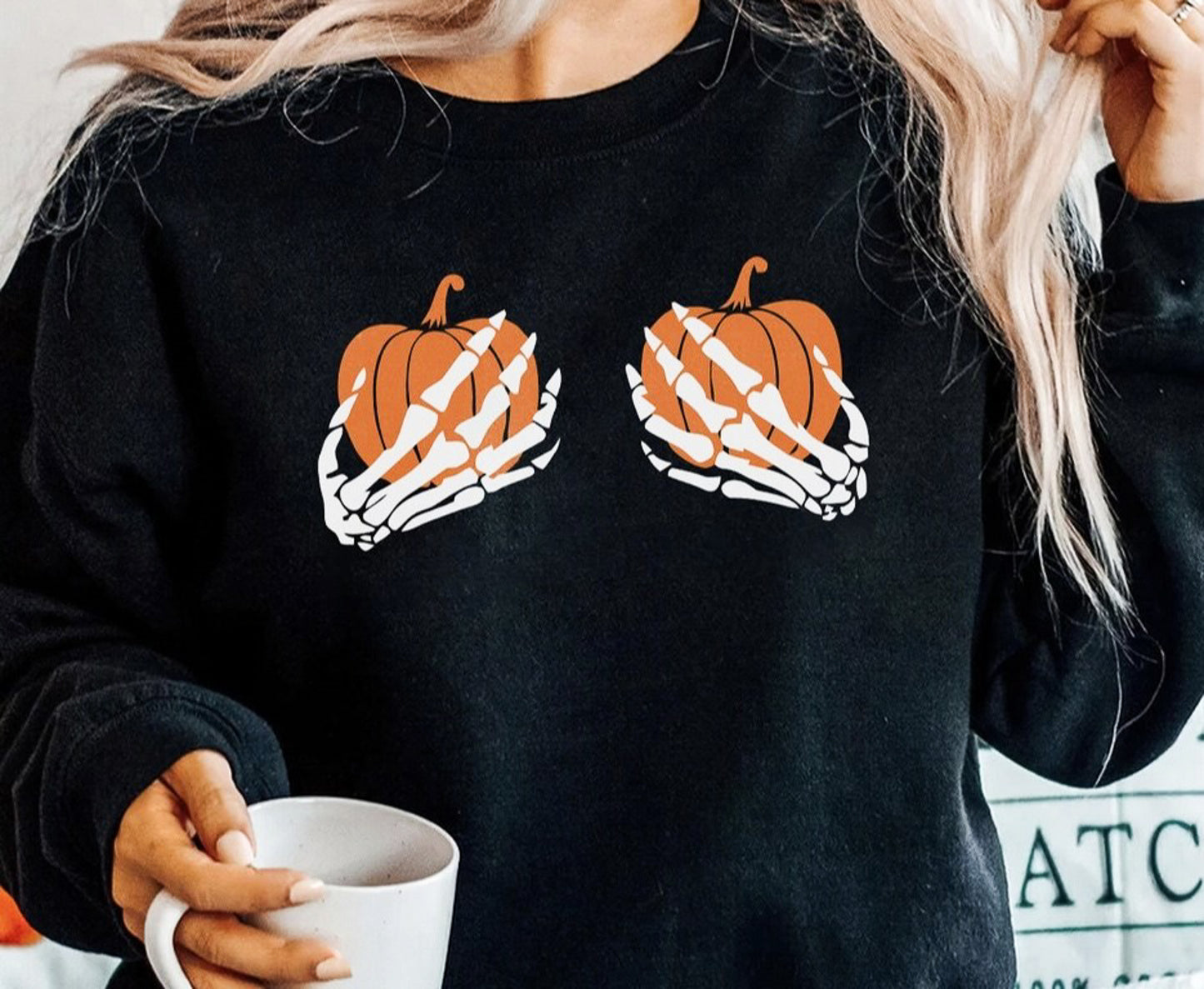 2 Pumpkins & Skeleton Hands Crew Sweatshirt