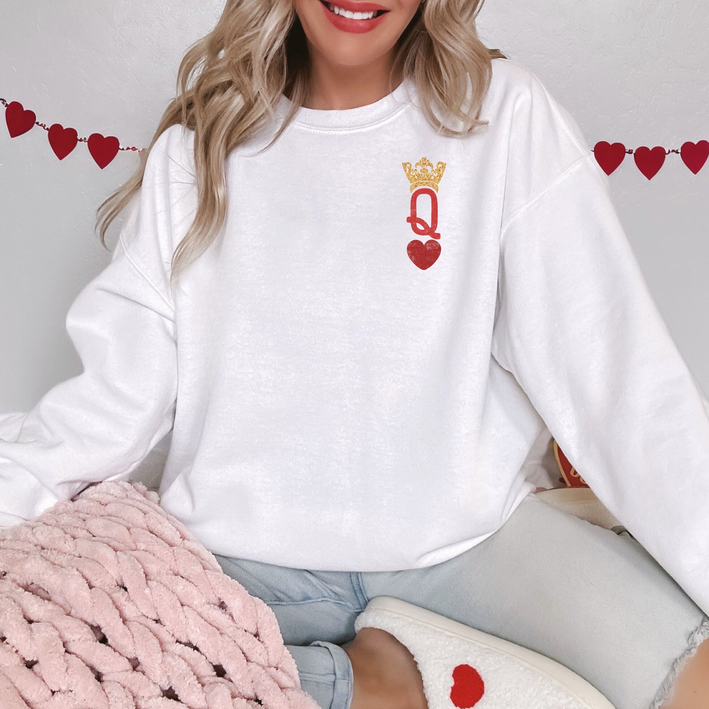 Distressed Queen Of Hearts Pocket Logo Crew Sweatshirt