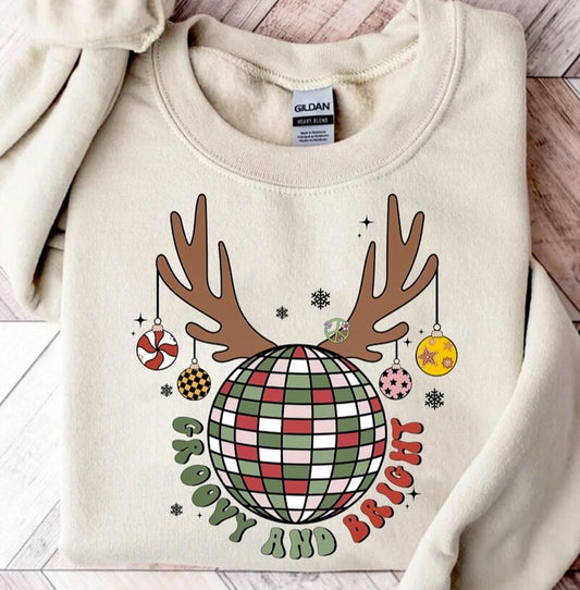 Groovy And Bright Disco Ball With Reindeer Antlers Crew Sweatshirt