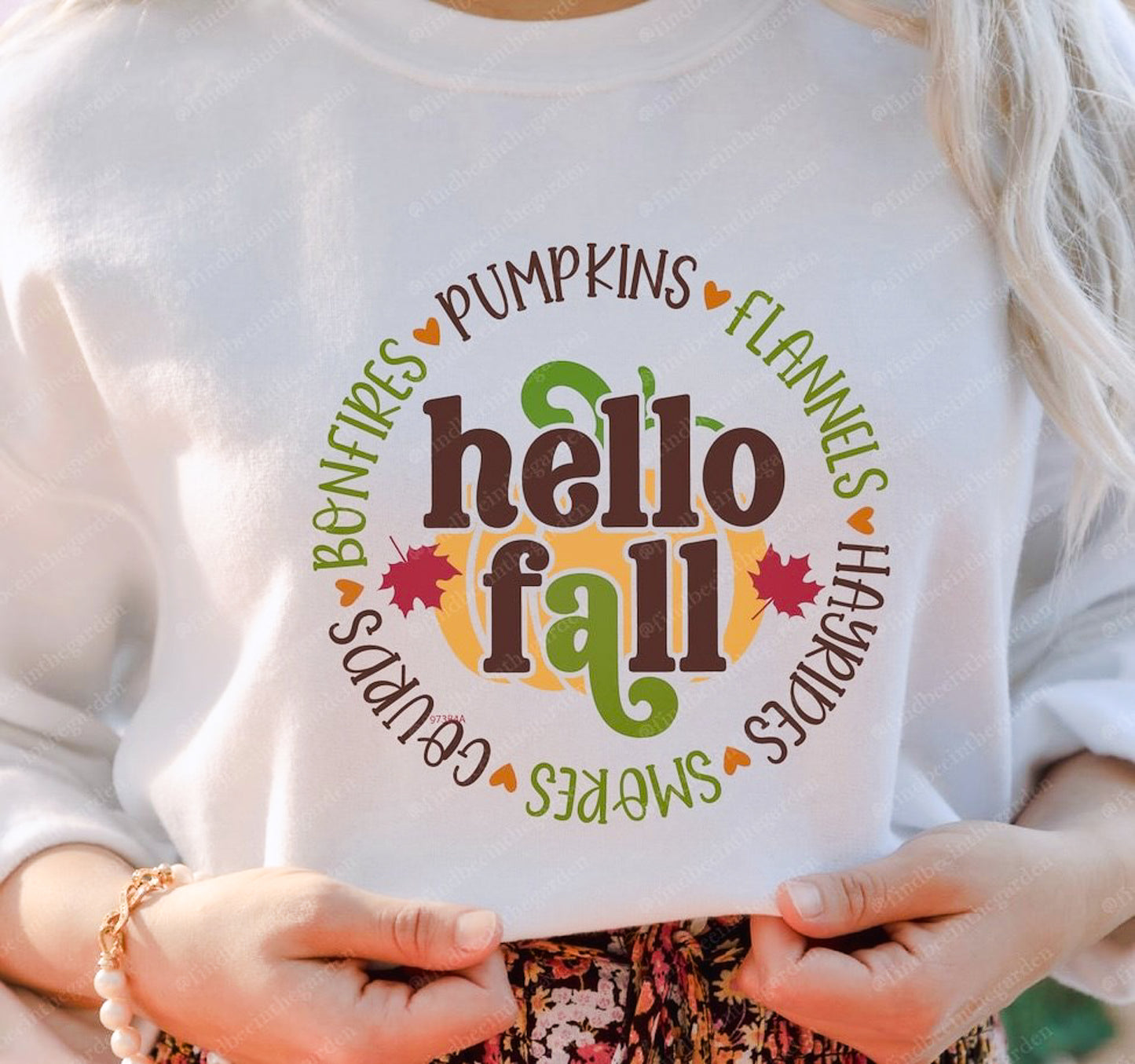 Hello Fall: Pumpkins Flannels Hayrides S'mores Gourds Bonfires T-Shirt or Crew Sweatshirt