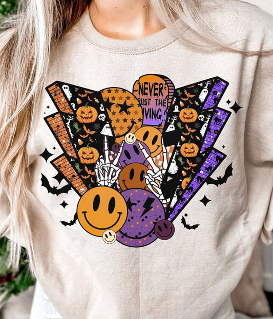 Never Trust The Living Smiley Faces & Lightning Bolts Crew Sweatshirt