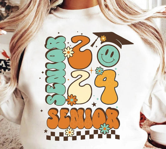 Senior 2024 Checkered Retro Crew Sweatshirt