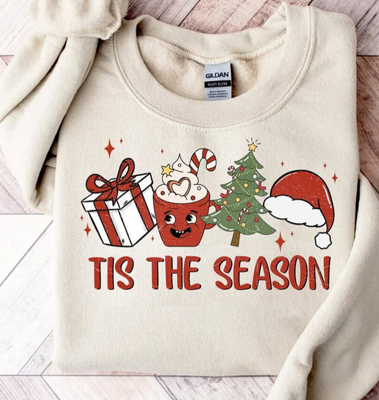 Tis The Season Present Cocoa Tree & Santa Hat Crew Sweatshirt