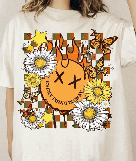 Everything Is Okay Smiley Faces With Flames & Flowers Tee