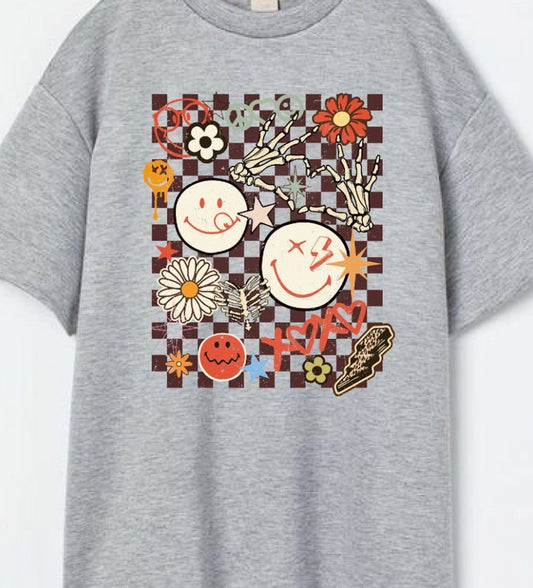 Smiley Faces XOXO Flowers Checkerboard Tee