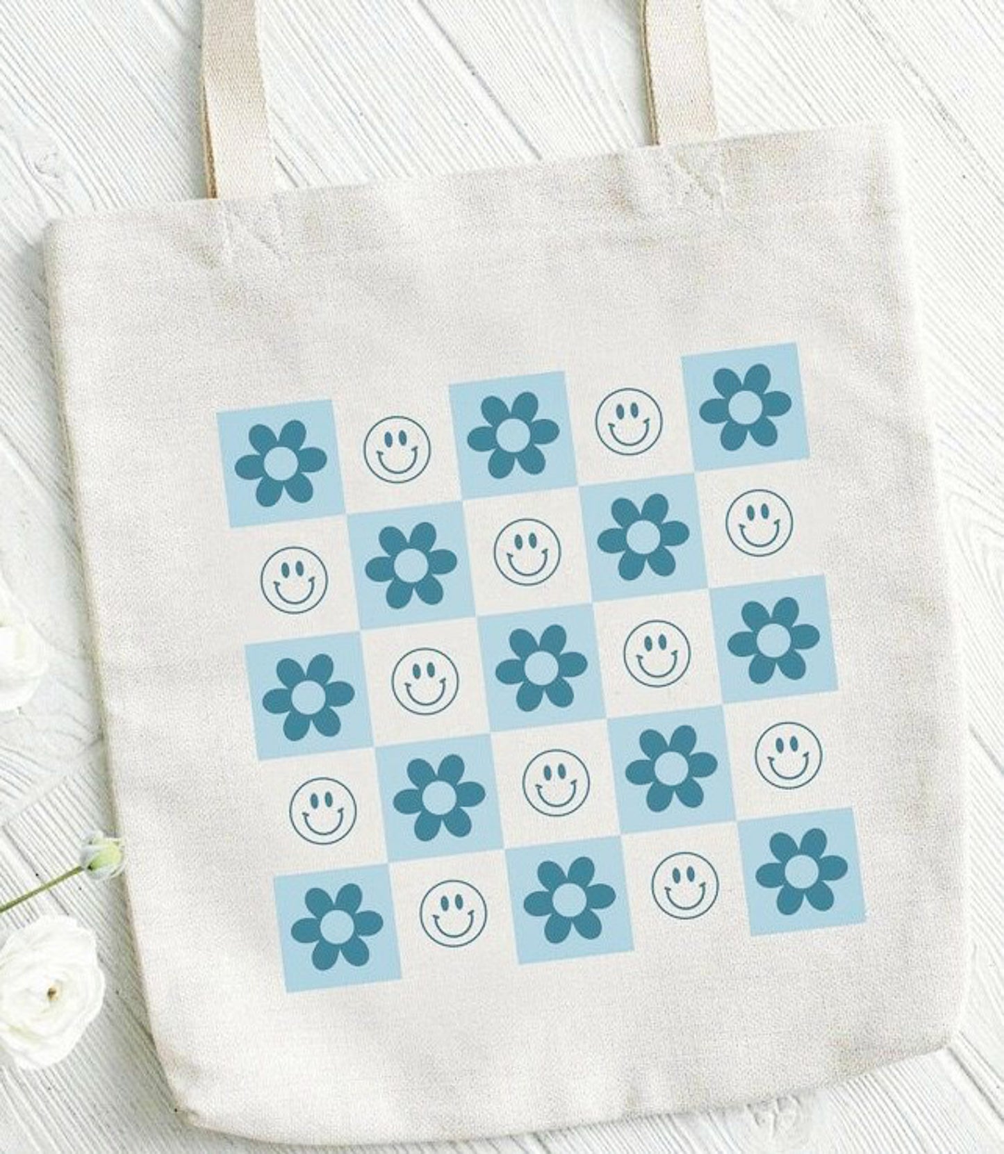 Smiley & Flower Checkered Tote Bag