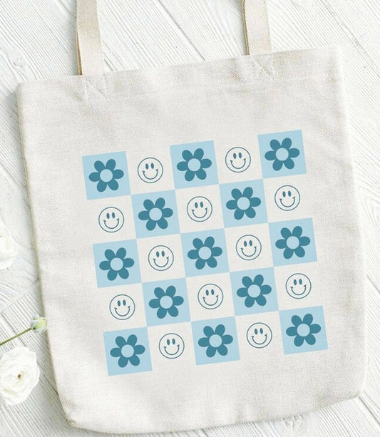 Smiley & Flower Checkered Tote Bag