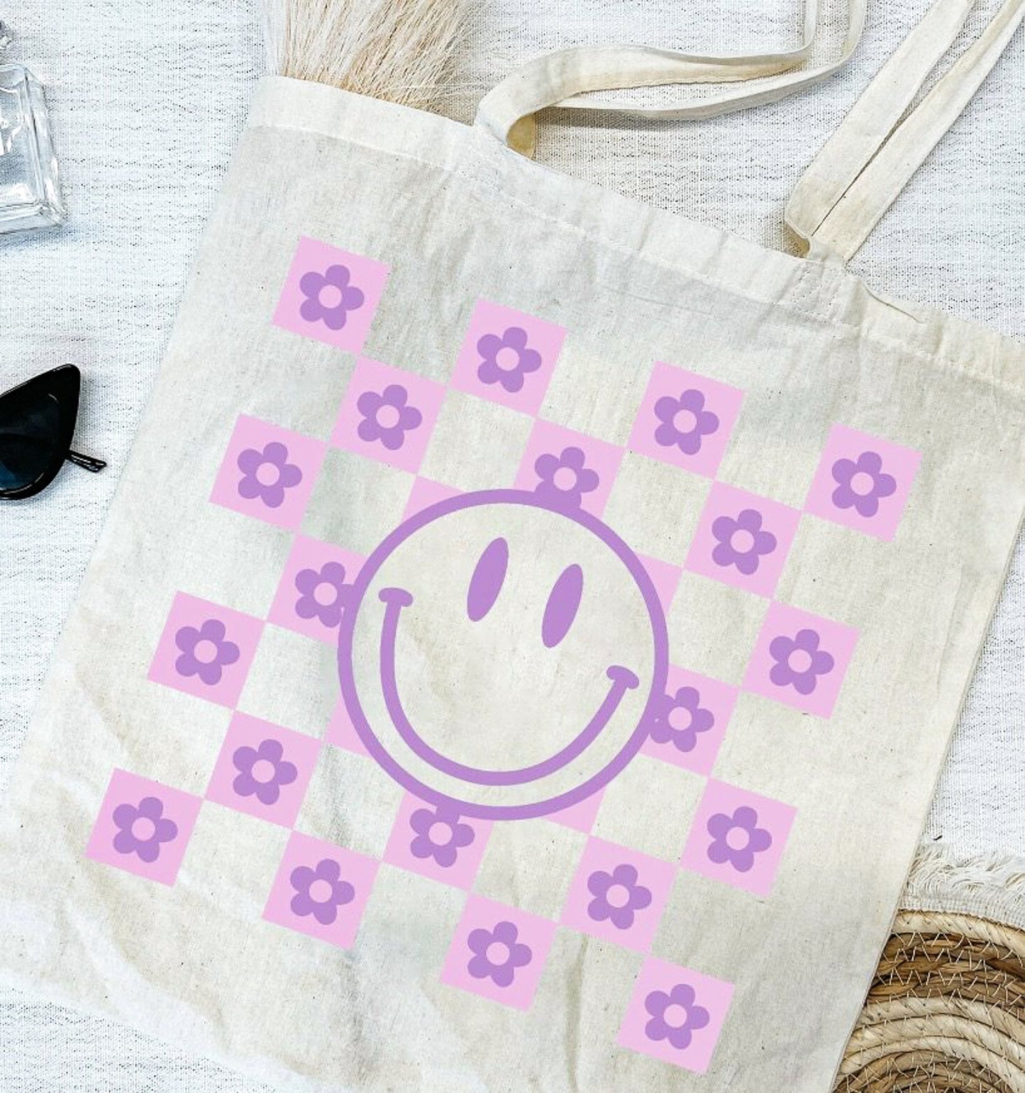 Smiley Face With Flower Checkers Tote Bag