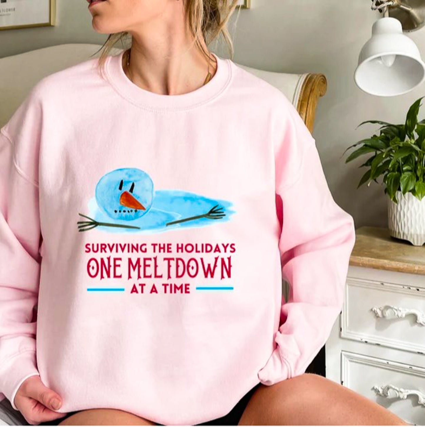 Surviving the Holidays One Meltdown At A Time Snowman Crew Sweatshirt