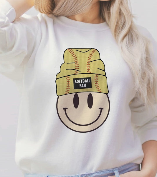 Softball Fan Smiley With Beanie Crew Sweatshirt
