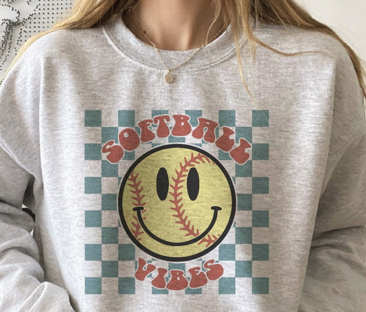 Softball Vibes With Checkered Background Crew Sweatshirt