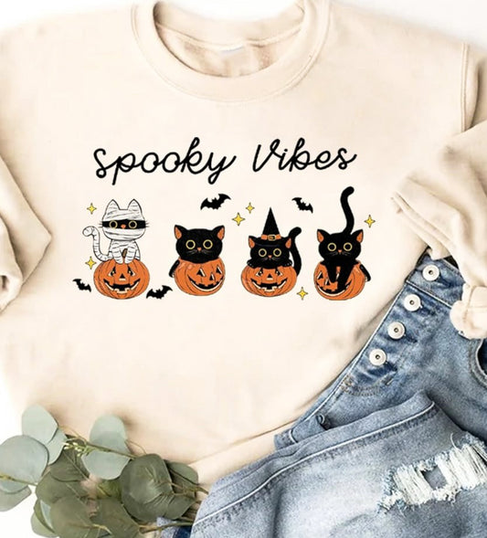 Spooky Vibes Cats & Pumpkins Crew Sweatshirt