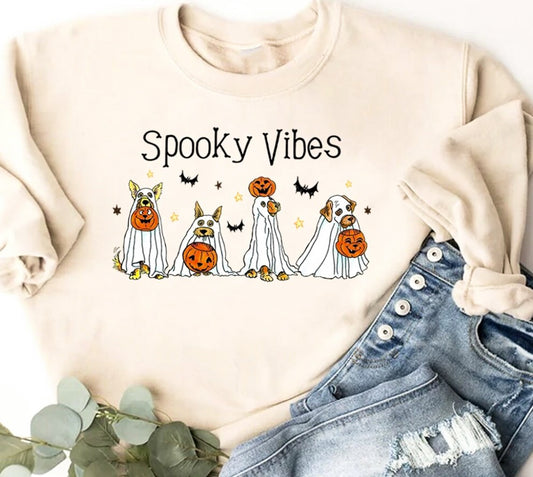 Spooky Vibes Dogs Dressed Up As Ghosts Crew Sweatshirt