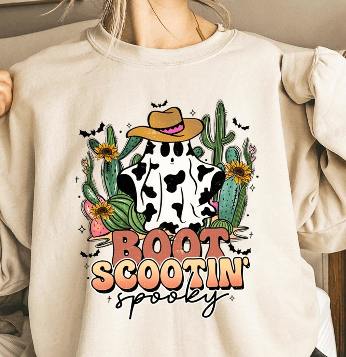 *Boot Scootin Spooky Cow Print Ghost In Desert T-Shirt or Crew Sweatshirt