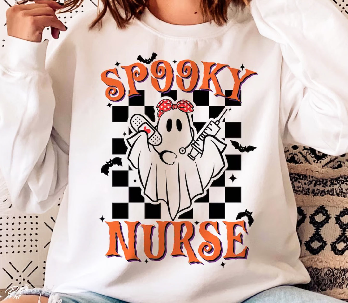 Spooky Nurse Checkered Background Crew Sweatshirt