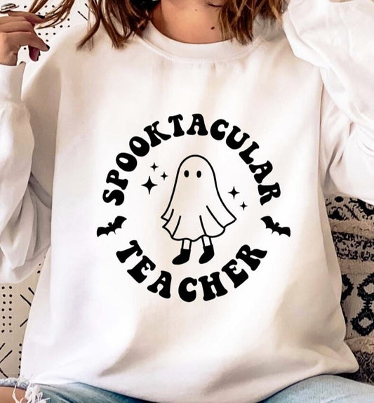 Spooktacular Teacher With Ghost Crew Sweatshirt