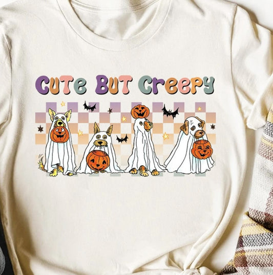 Cute But Creepy Dogs Dressed Up As Ghosts Checkered Background Tee