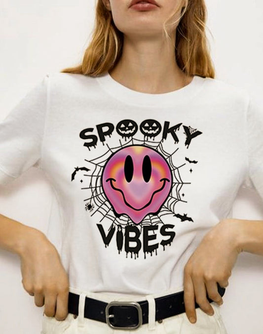 Spooky Vibes Smiley Face & Spider Web Tee