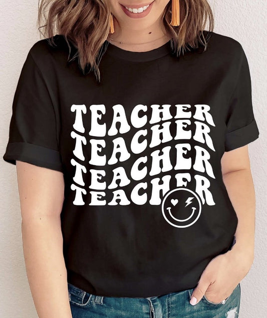 Teacher (Wavy Stacked) With Smiley Face T-Shirt or Crew Sweatshirt