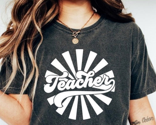 Retro Teacher With Sun Rays T-Shirt or Crew Sweatshirt