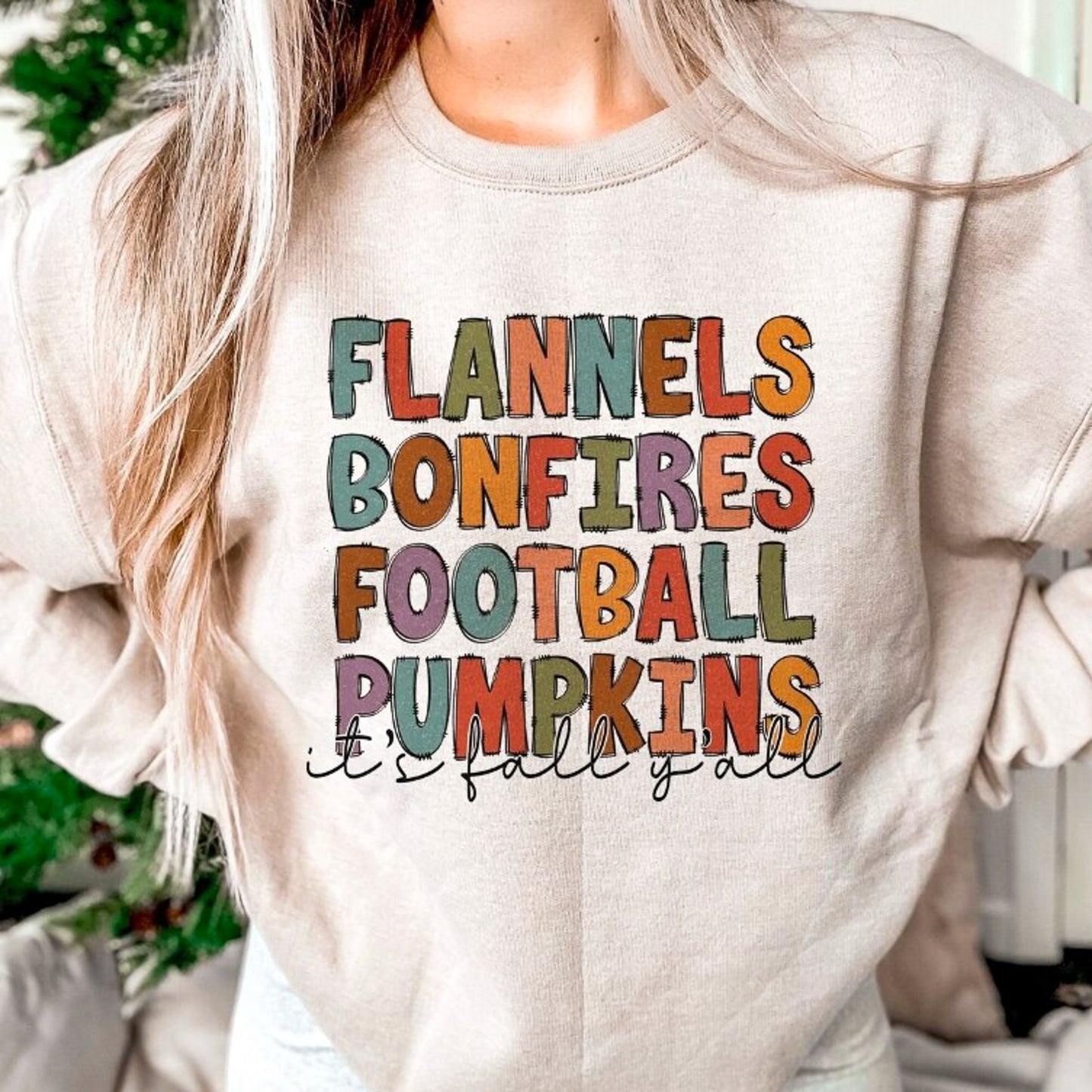 Flannels Bonfires Football Pumpkins It's Fall Crew Sweatshirt