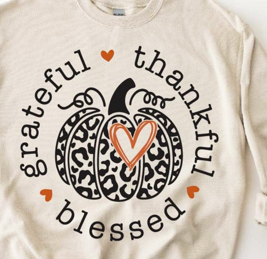 Grateful Thankful Blessed Cheetah Print Pumpkin Crew Sweatshirt
