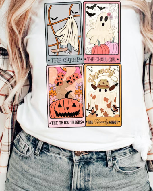 4 Halloween Tarot Cards: The Creep, The Ghoul Girl, The Thick Thighs, The Howdy Ghost Tee