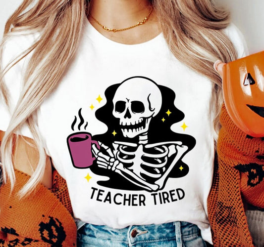 Teacher Tired Skeleton Holding Coffee Tee