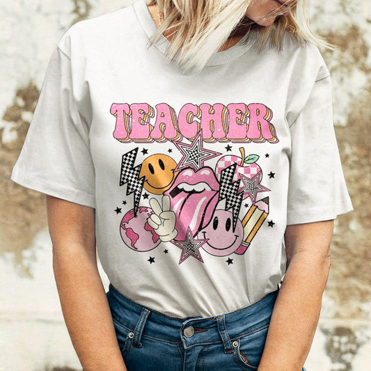 Retro Teacher With Smileys & Lightning Bolts T-Shirt or Crew Sweatshirt