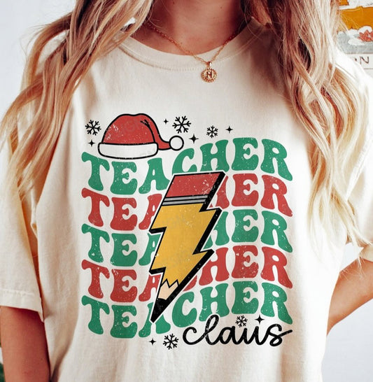 Teacher (Stacked) Claus Pencil Lightning Bolt Tee