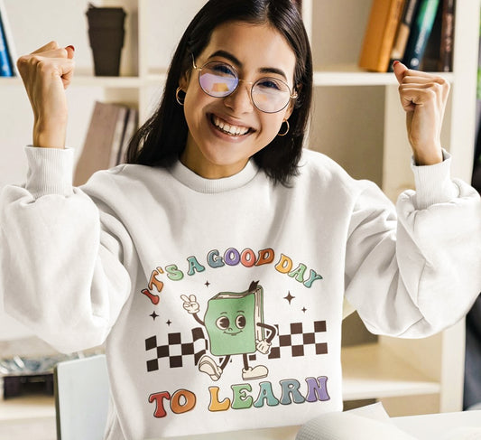 It's A Good Day To Learn Cartoon Book Crew Sweatshirt