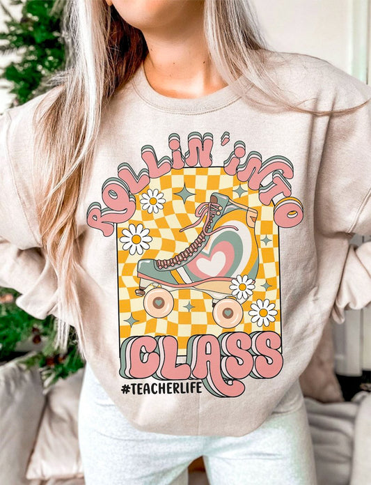 Rolling Into Class #Teacherlife T-Shirt or Crew Sweatshirt