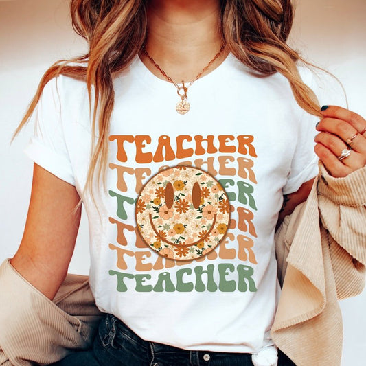Teacher (Stacked) With Floral Smiley T-Shirt or Crew Sweatshirt