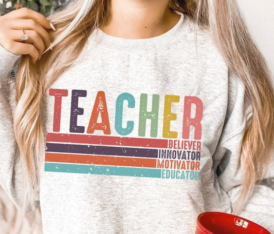 Teacher: Believer, Innovator, Motivator, Educator T-Shirt or Crew Sweatshirt