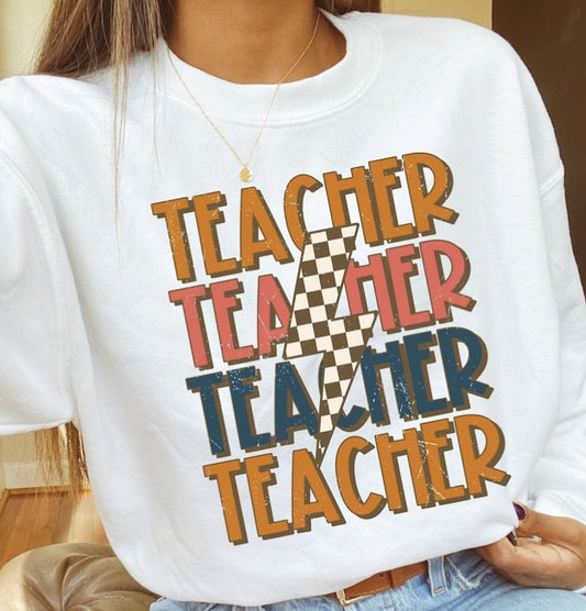 Teacher (Stacked) With Lightning Bolt T-Shirt or Crew Sweatshirt