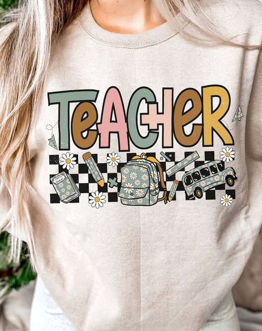 Teacher School Things With Checkered Background T-Shirt or Crew Sweatshirt